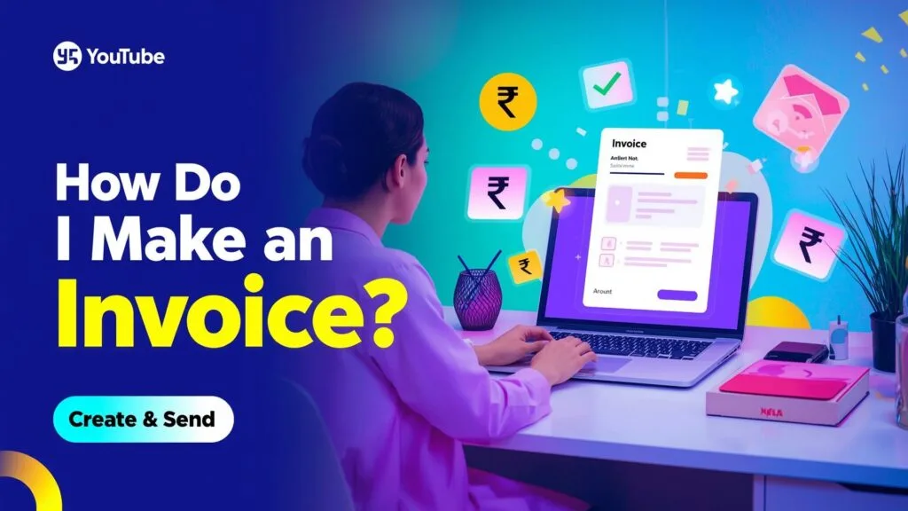 A colorful laptop screen showing a professional invoice layout, visually explaining how do I make an invoice with fields like invoice number, client name, and amount.