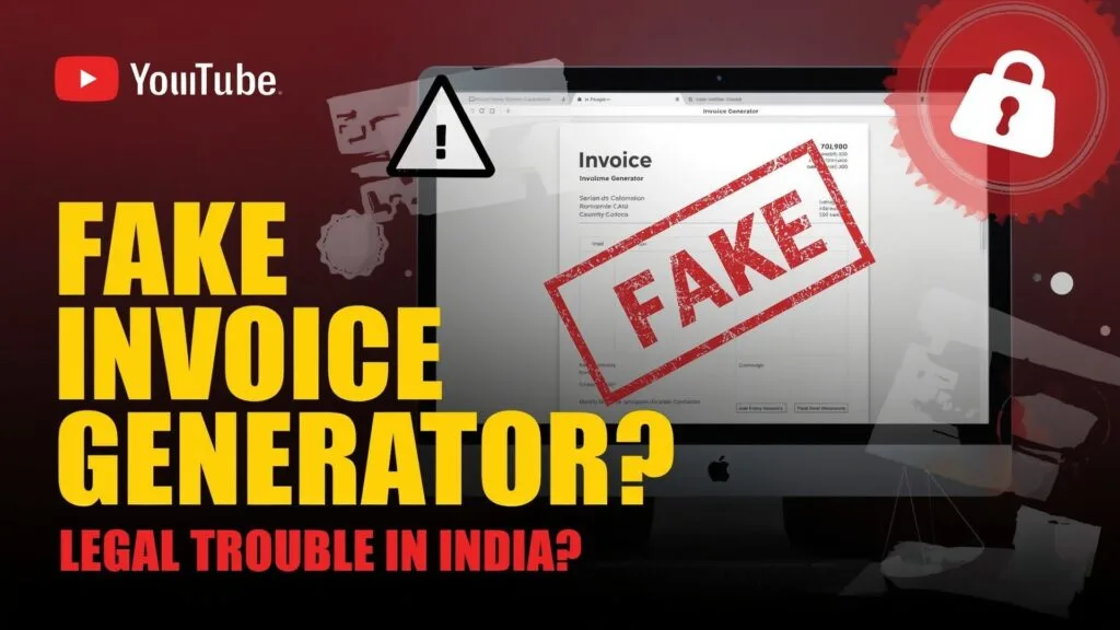 fake invoice with a red "FAKE" stamp, warning icon, and legal symbols to highlight risks of fake invoice generators in India.