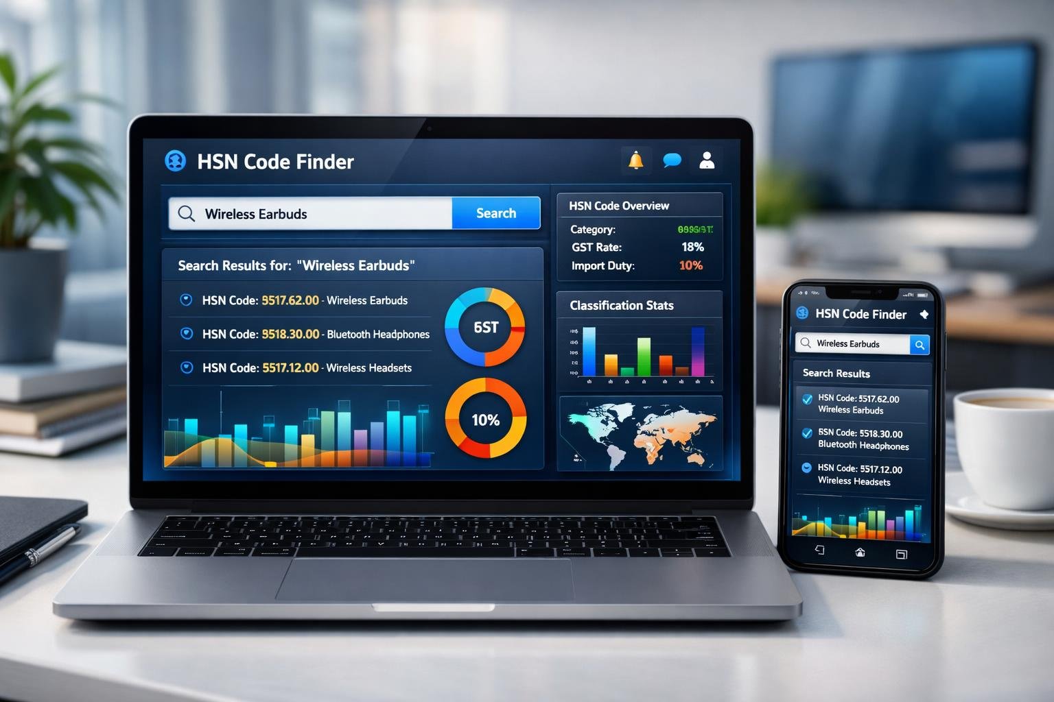 hsn code finder interface showing product search and instant HSN code results on laptop and mobile