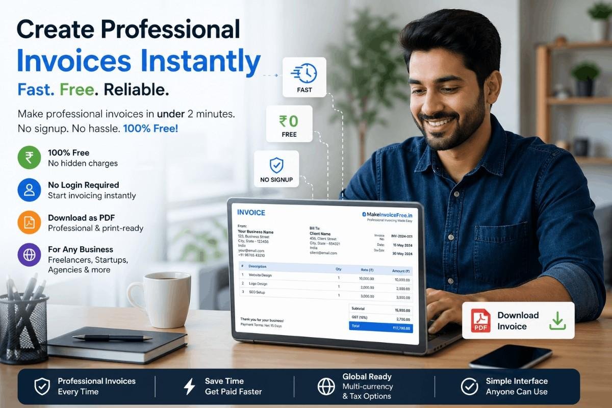 Freelancer using a free invoice maker on a laptop to create professional invoices instantly in a modern workspace