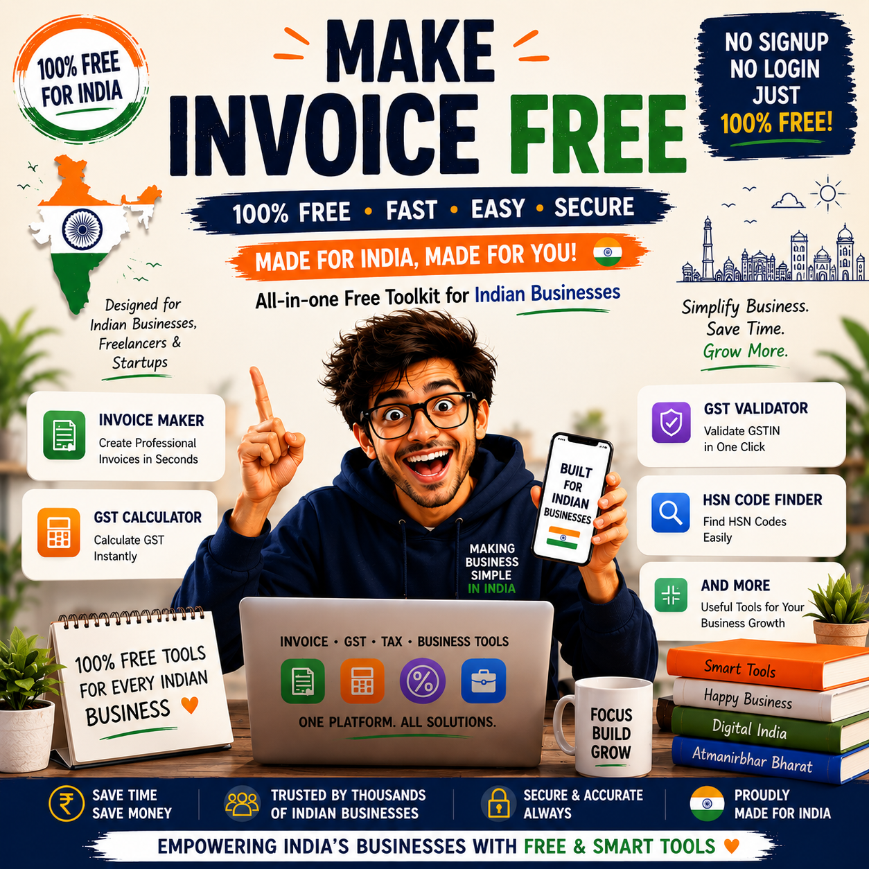 Indian entrepreneur using Make Invoice Free with invoice maker, GST calculator, GST validator, HSN code finder, and free business tools for Indian businesses.