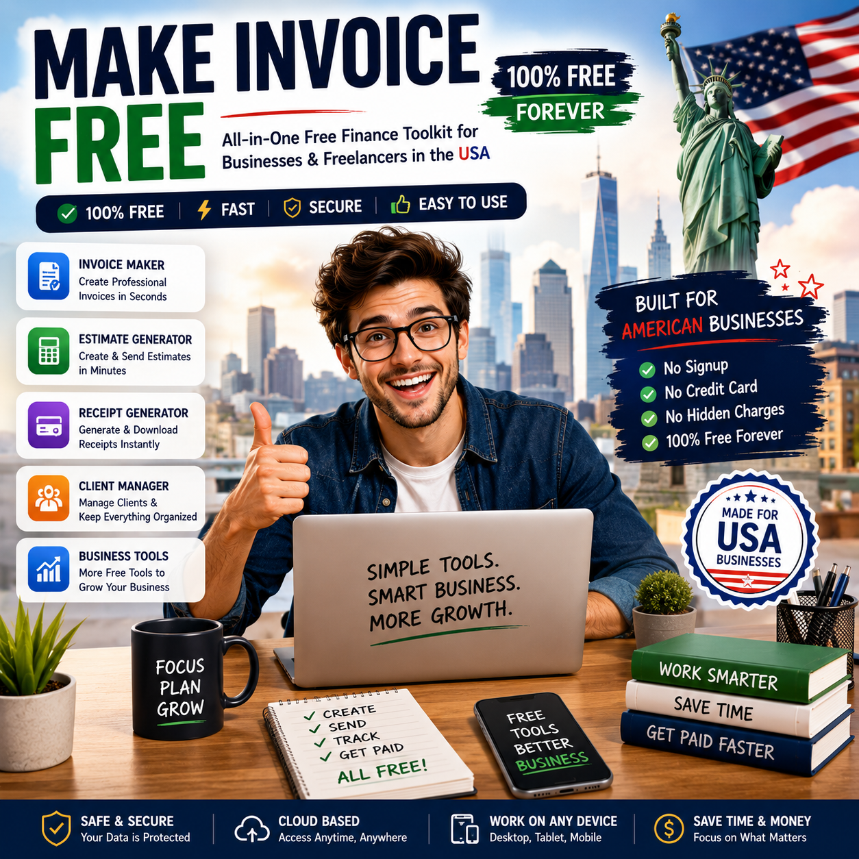 Entrepreneur using Make Invoice Free, a free finance toolkit with invoice generator, estimate generator, receipt generator, and business tools for USA businesses and freelancers.