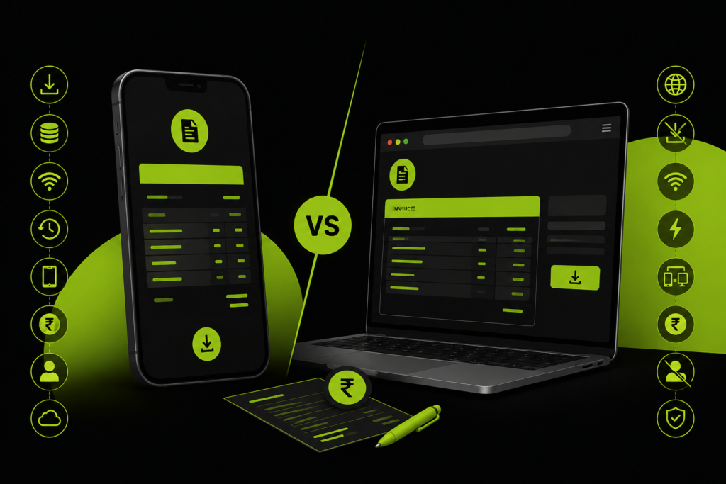 Invoice Generator App vs Website comparison showing mobile and browser-based invoicing
